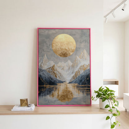 Snowy Mountain with Gold Sun Canvas in pink floating frame