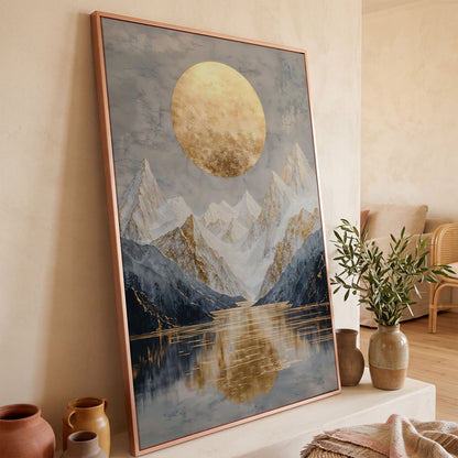 Snowy Mountain with Gold Sun Canvas in rose gold floating frame