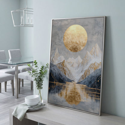 Snowy Mountain with Gold Sun Canvas in silver floating frame
