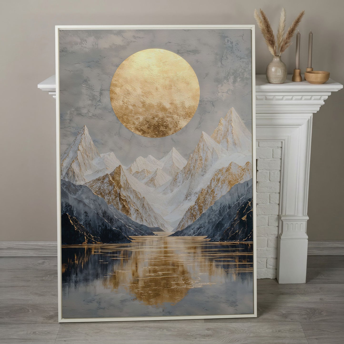 Snowy Mountain with Gold Sun Canvas in white floating frame