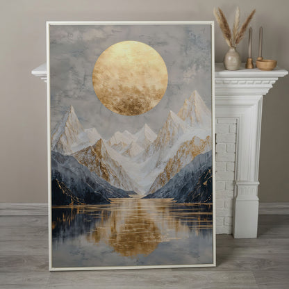 Snowy Mountain with Gold Sun Canvas in white floating frame