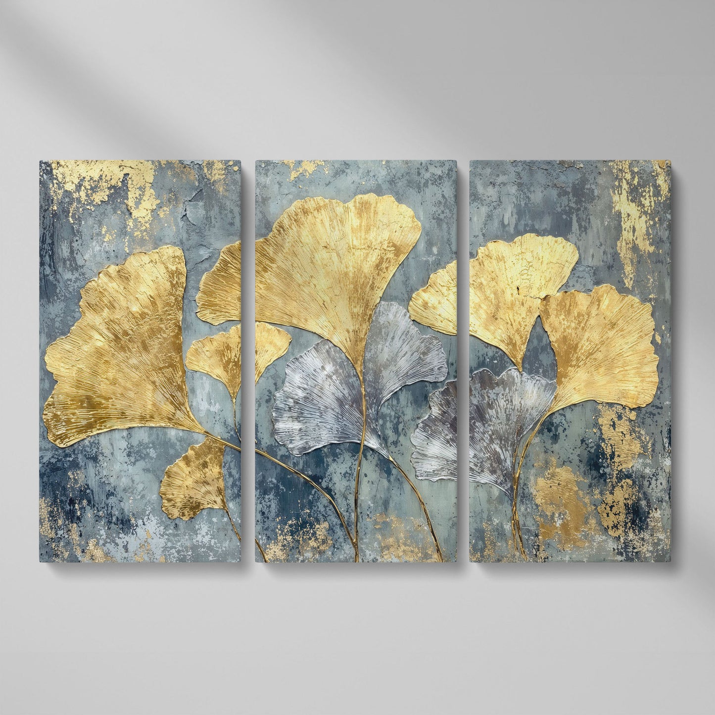 Gold & Silver Ginkgo Leaf Canvas Print as 3-panel split version