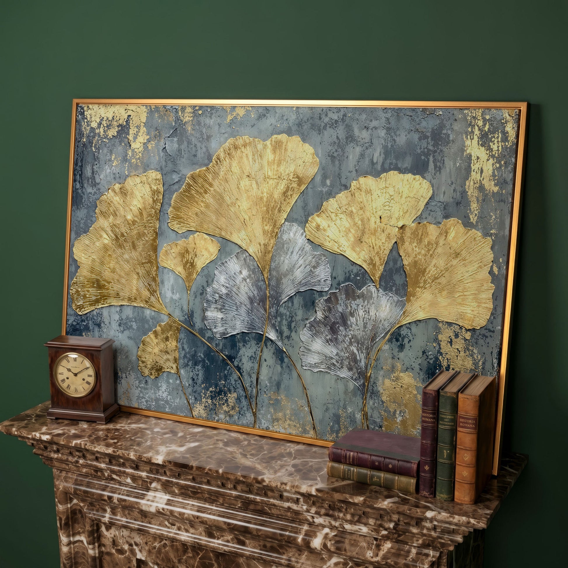 Gold & Silver Ginkgo Leaf Canvas Print in antique gold floating frame