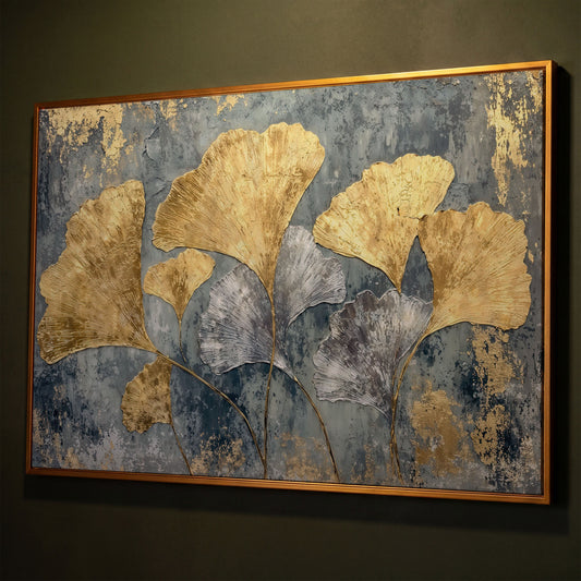 Gold & Silver Ginkgo Leaf Canvas Print shown in antique gold floating frame