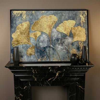 Gold & Silver Ginkgo Leaf Canvas Print in black floating frame