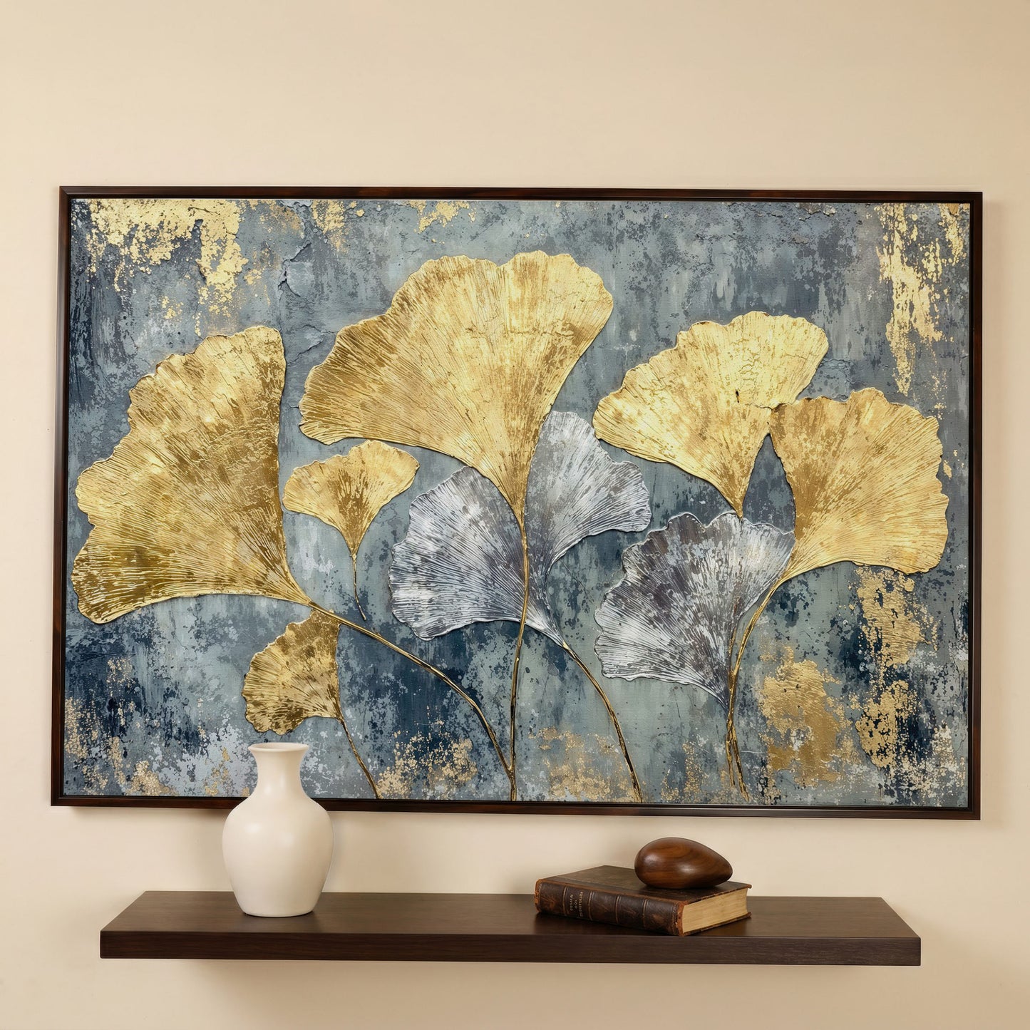 Gold & Silver Ginkgo Leaf Canvas Print in dark walnut floating frame