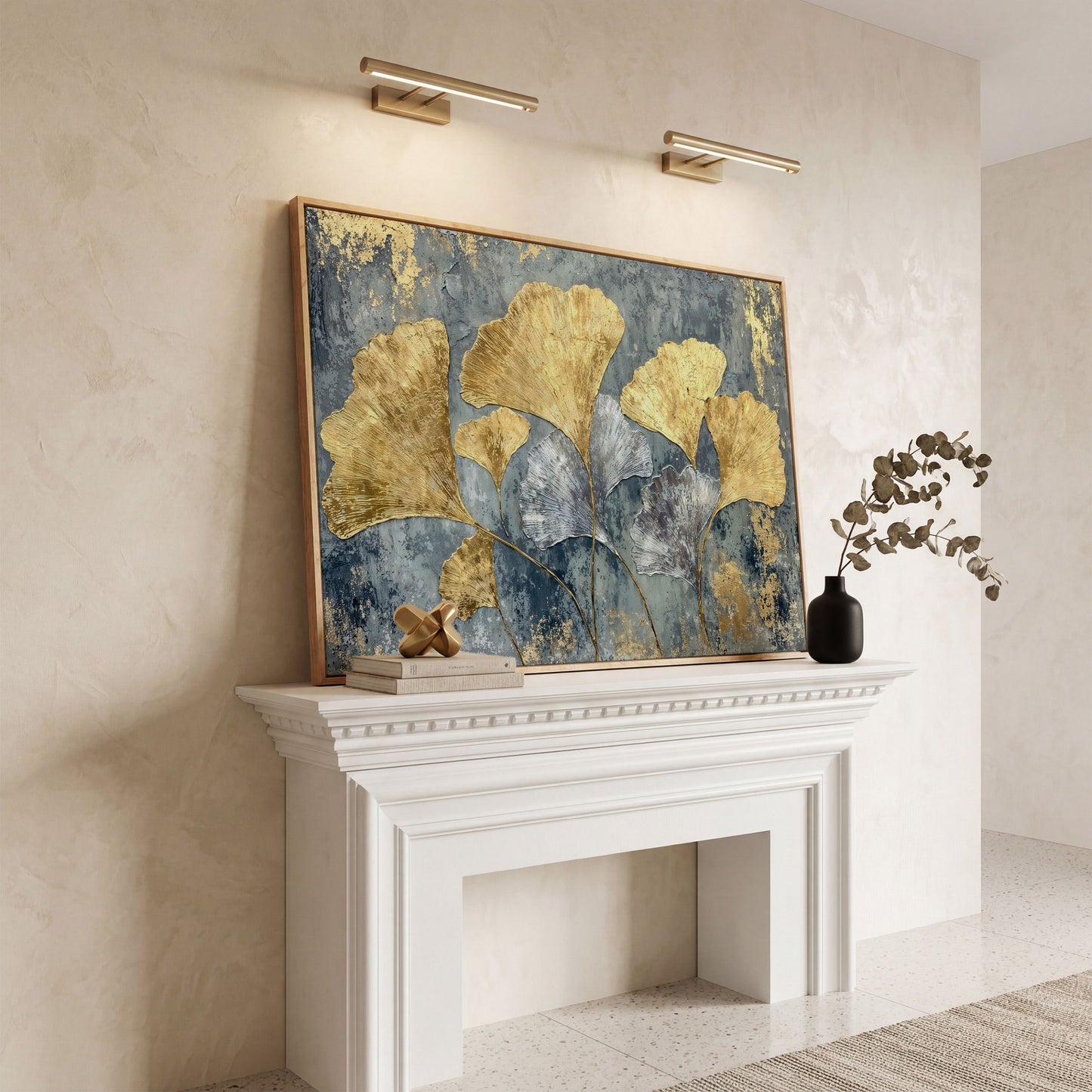 Gold & Silver Ginkgo Leaf Canvas Print in white oak floating frame