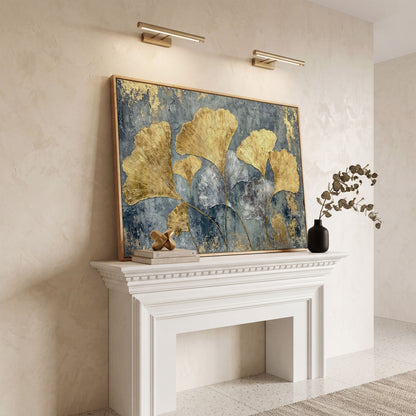 Gold & Silver Ginkgo Leaf Canvas Print in white oak floating frame