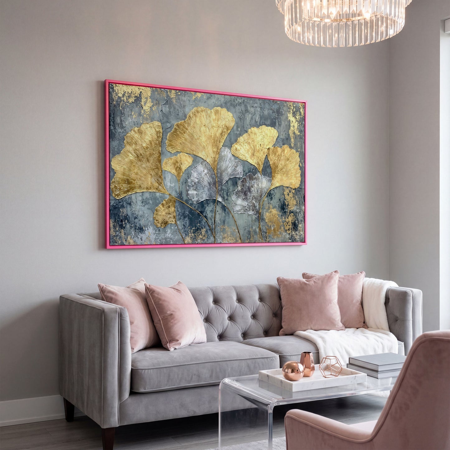 Gold & Silver Ginkgo Leaf Canvas Print in pink floating frame