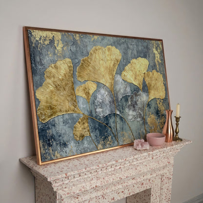 Gold & Silver Ginkgo Leaf Canvas Print in rose gold floating frame