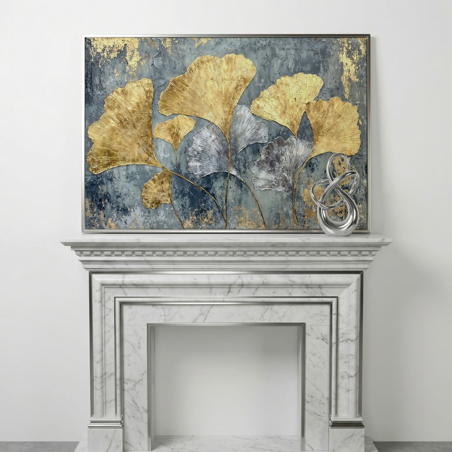 Gold & Silver Ginkgo Leaf Canvas Print in silver floating frame