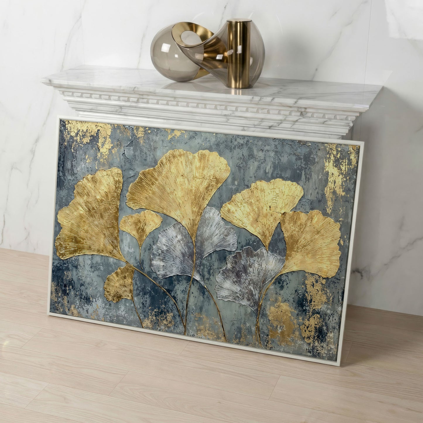 Gold & Silver Ginkgo Leaf Canvas Print in white floating frame