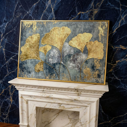 Gold & Silver Ginkgo Leaf Canvas Print in yellow gold floating frame