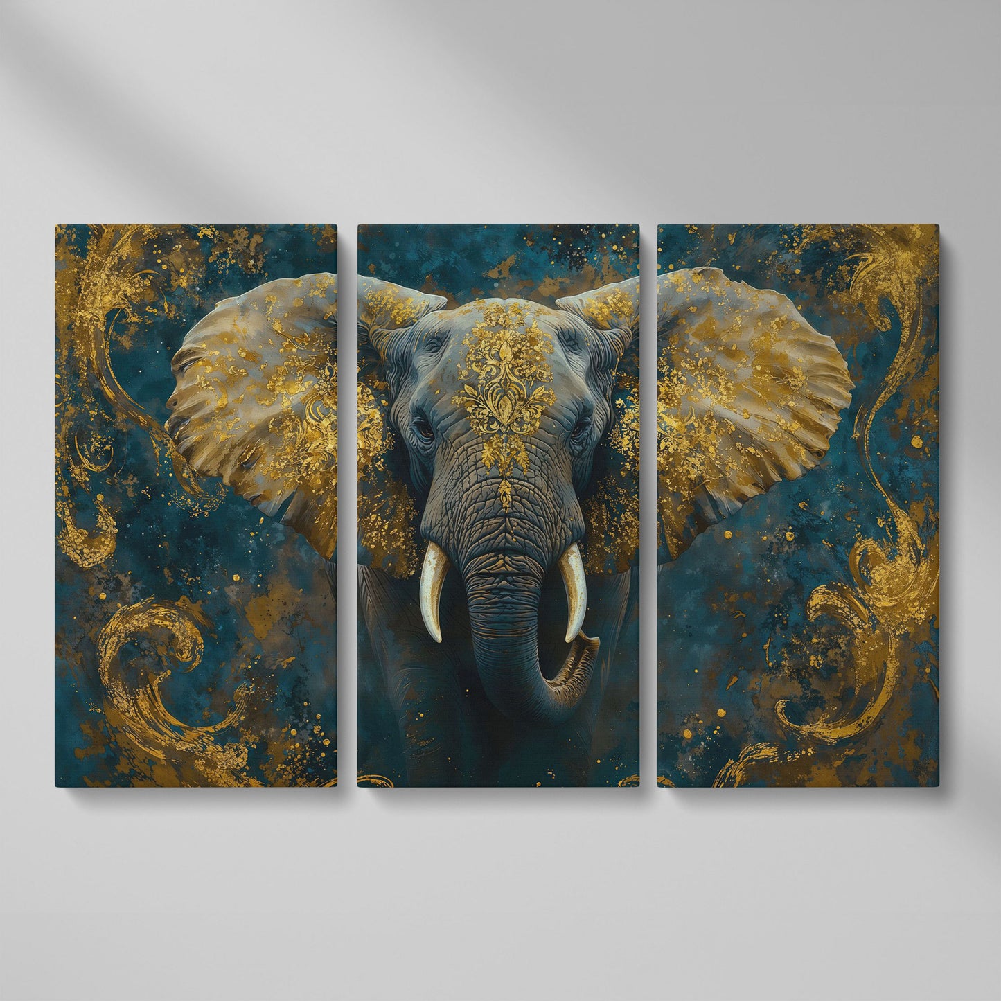 Elephant with Gold Accent Canvas Print as 3-panel split version