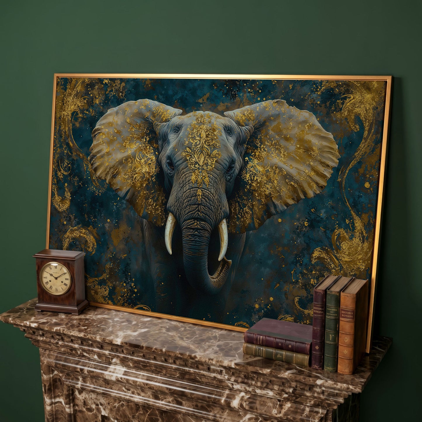 Elephant with Gold Accent Canvas Print in antique gold floating frame