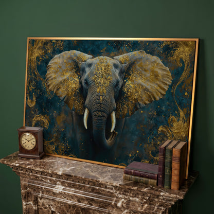 Elephant with Gold Accent Canvas Print in antique gold floating frame