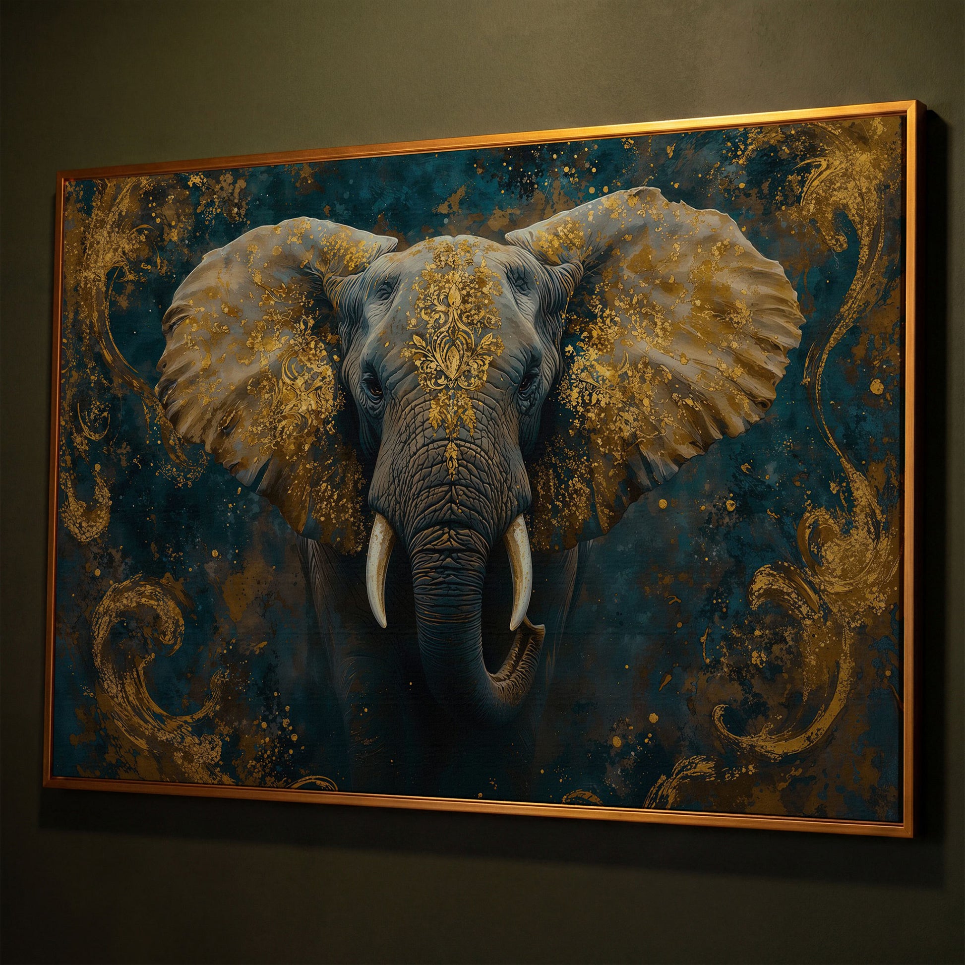 Elephant with Gold Accent Canvas Print shown in antique gold floating frame