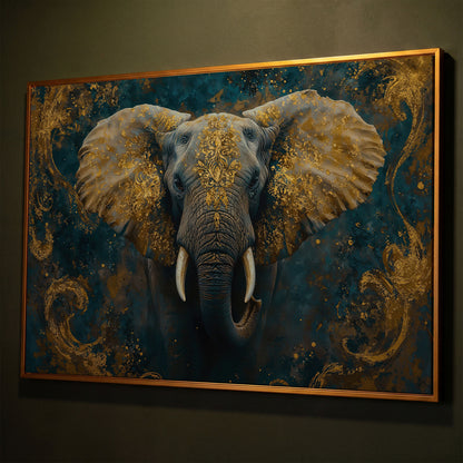 Elephant with Gold Accent Canvas Print shown in antique gold floating frame