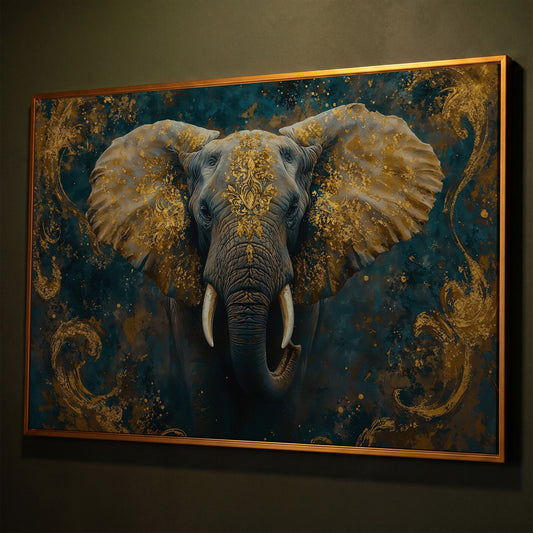 Elephant with Gold Accent Canvas Print shown in antique gold floating frame