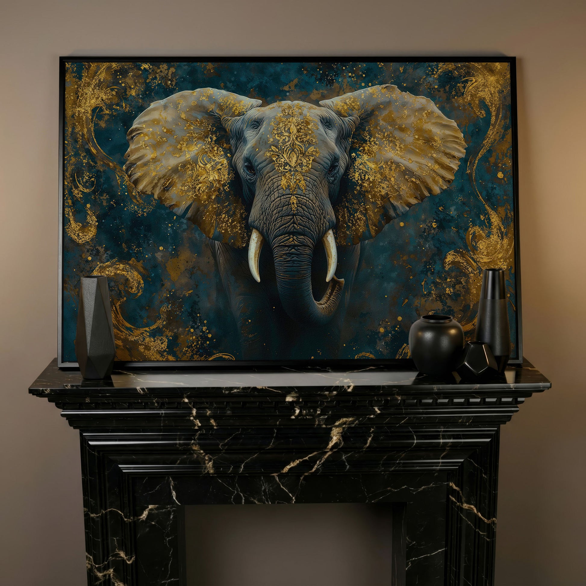 Elephant with Gold Accent Canvas Print in black floating frame