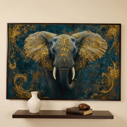 Elephant with Gold Accent Canvas Print in dark walnut floating frame