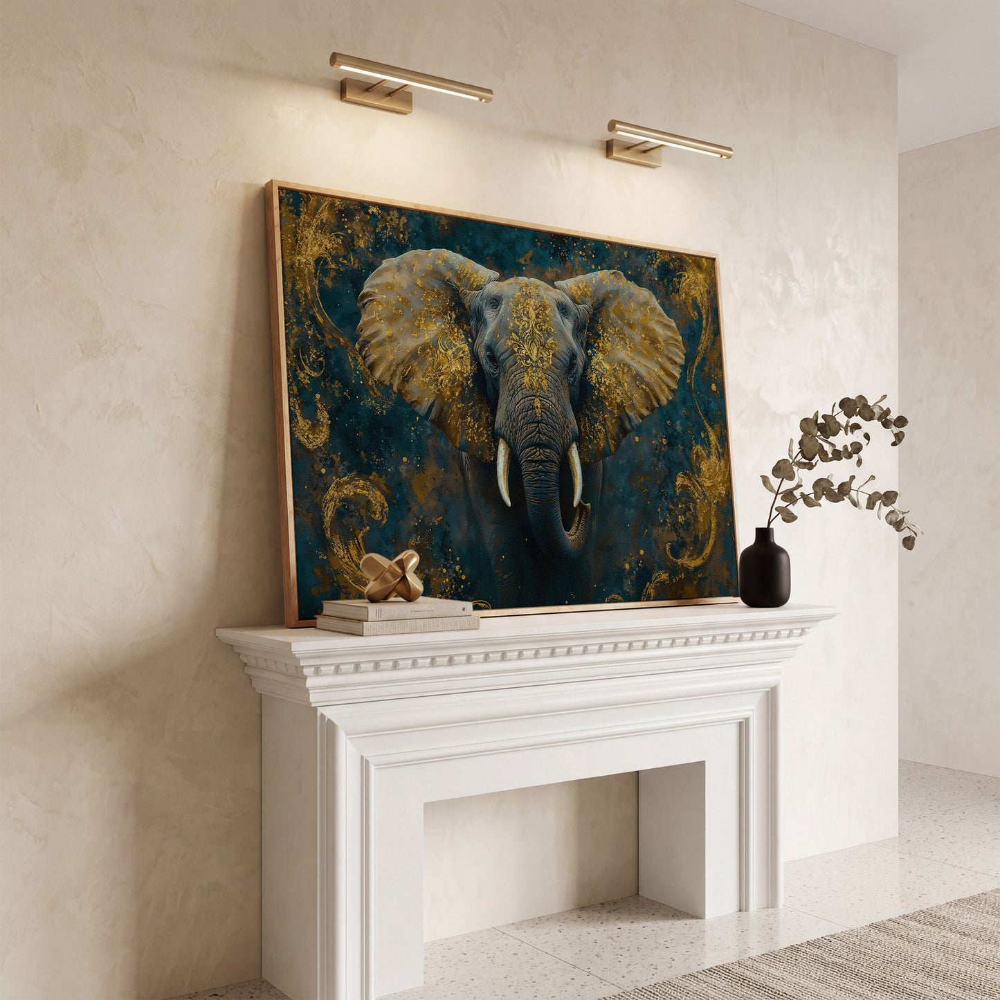 Elephant with Gold Accent Canvas Print in white oak floating frame