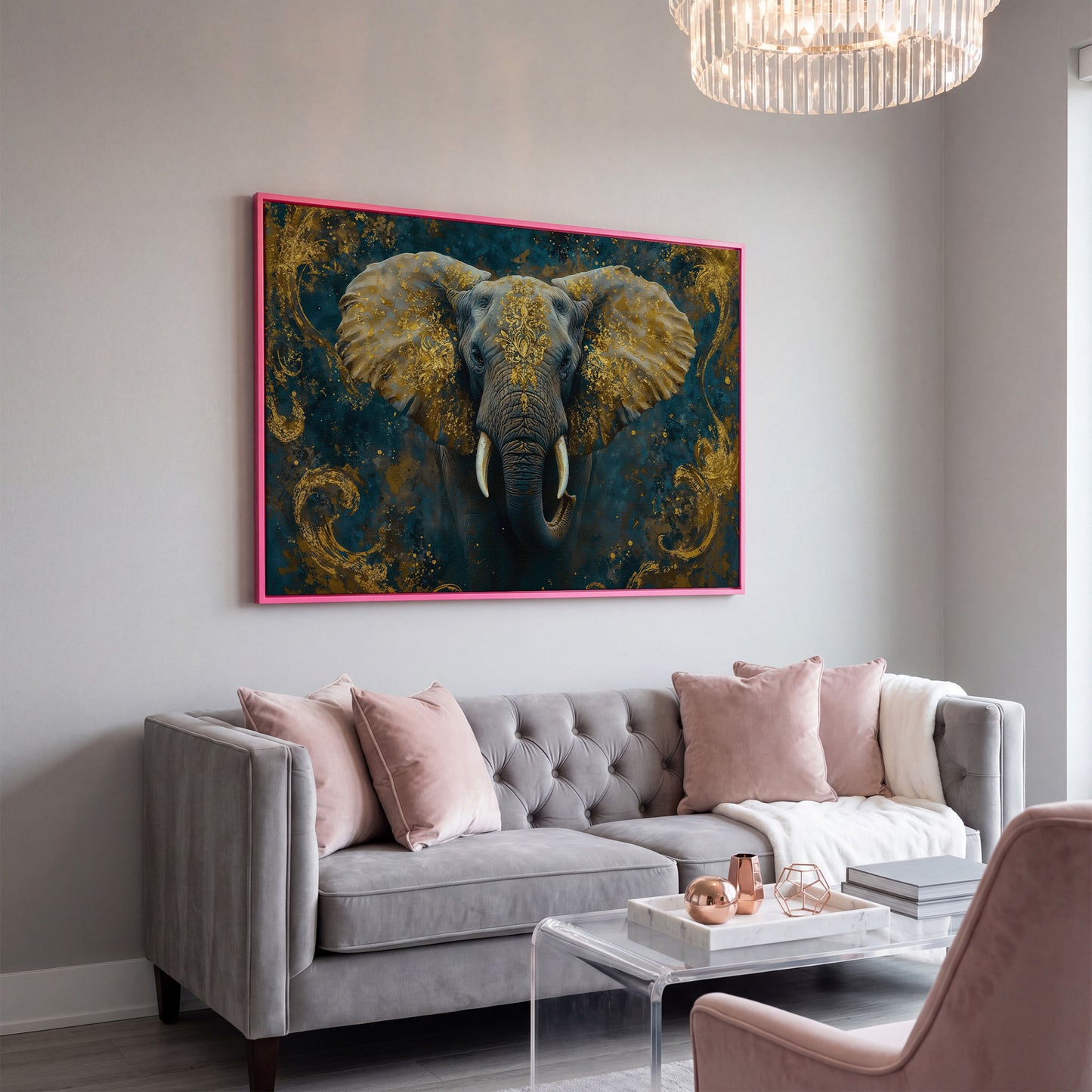 Elephant with Gold Accent Canvas Print in pink floating frame