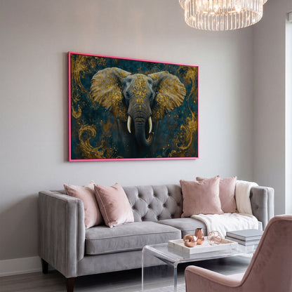 Elephant with Gold Accent Canvas Print in pink floating frame
