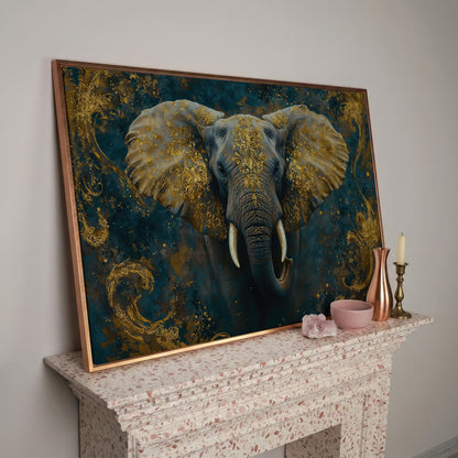 Elephant with Gold Accent Canvas Print in rose gold floating frame