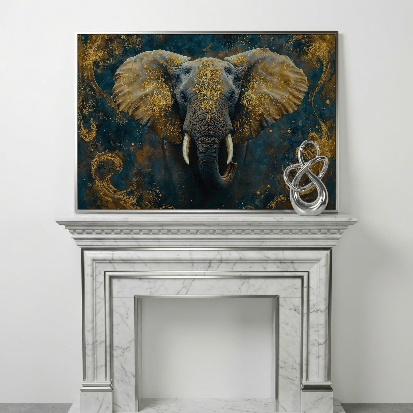 Elephant with Gold Accent Canvas Print in silver floating frame