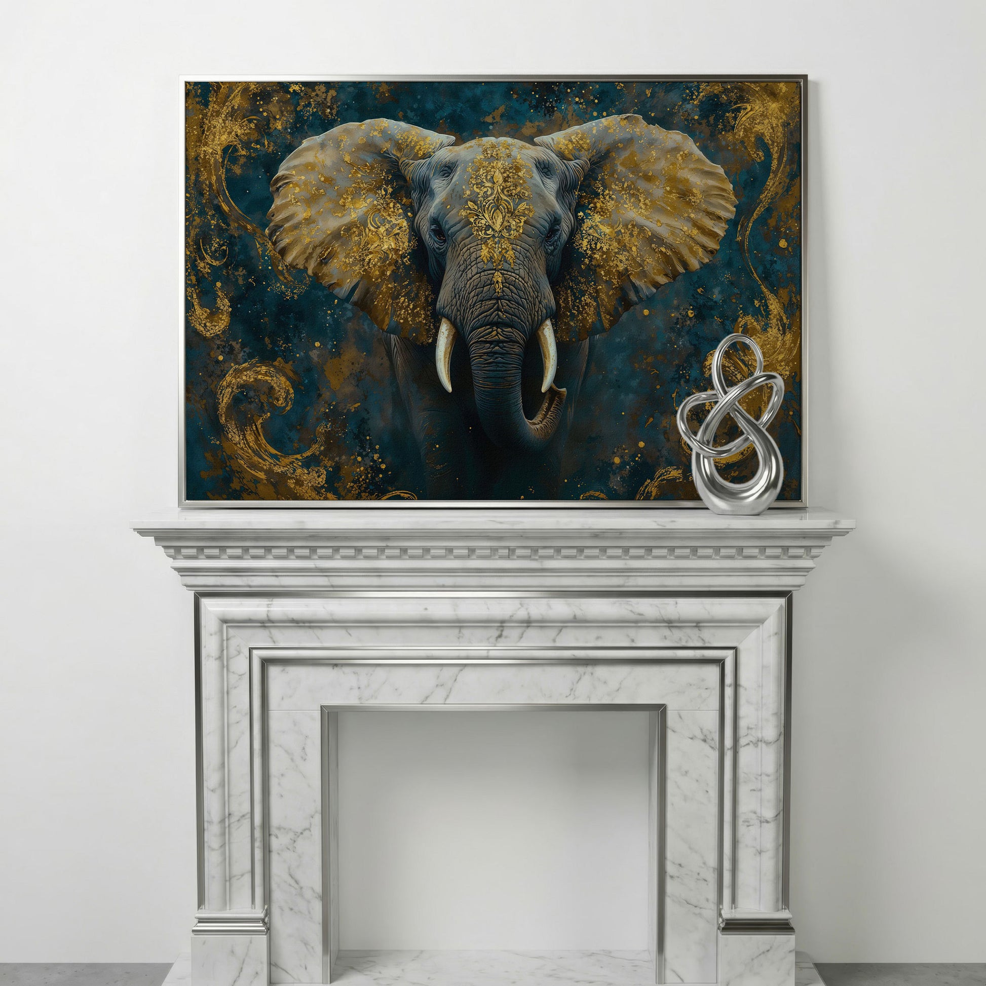 Elephant with Gold Accent Canvas Print in silver floating frame