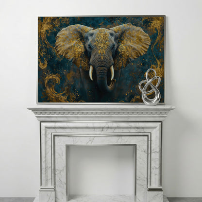 Elephant with Gold Accent Canvas Print in silver floating frame