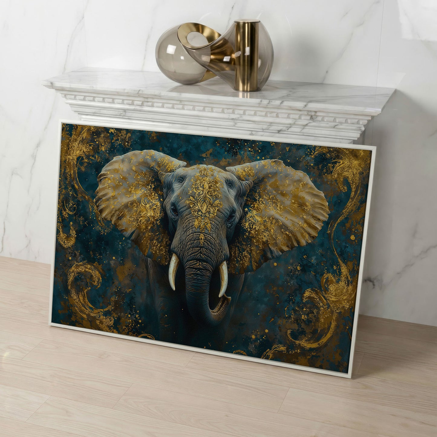 Elephant with Gold Accent Canvas Print in white floating frame