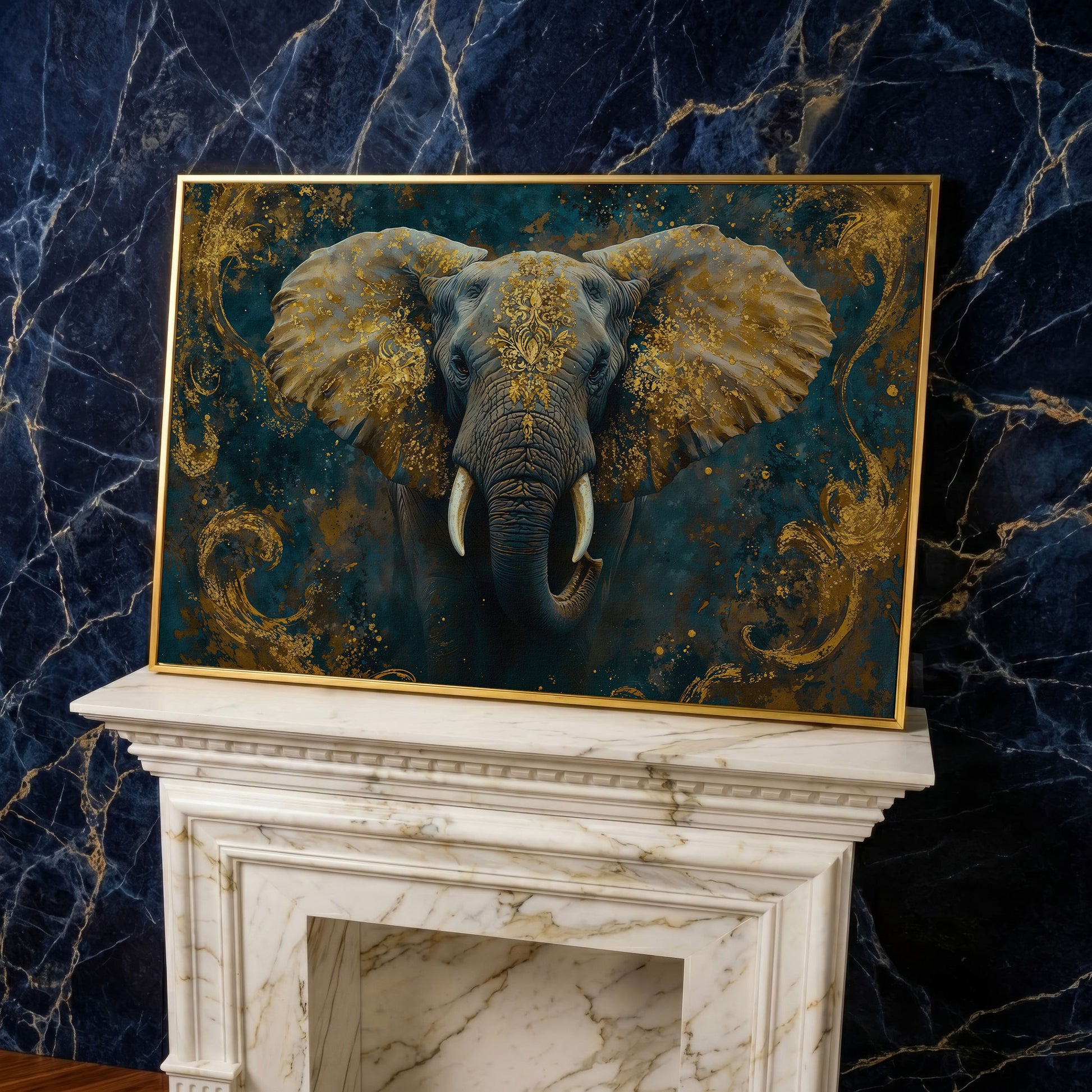 Elephant with Gold Accent Canvas Print in yellow gold floating frame