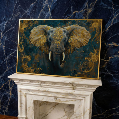 Elephant with Gold Accent Canvas Print in yellow gold floating frame