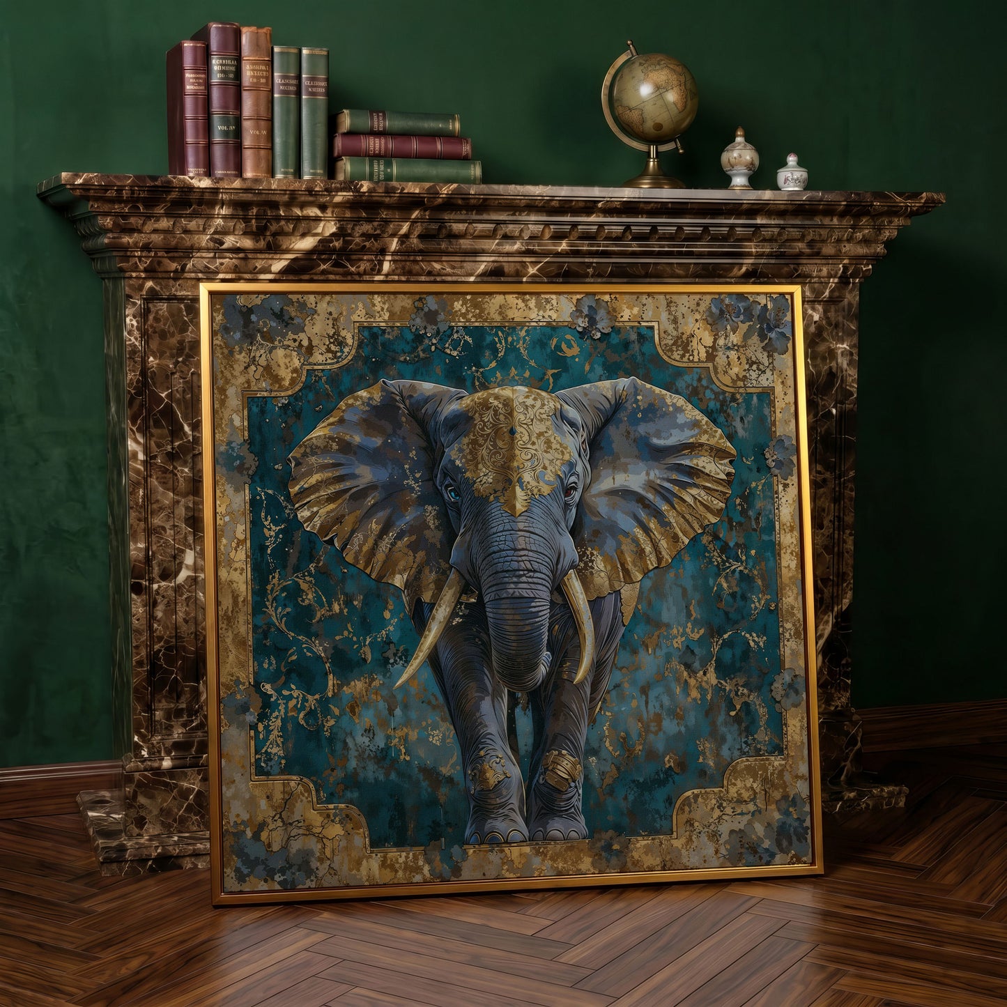 Indian Elephant with Gold Accents Canvas in antique gold floating frame