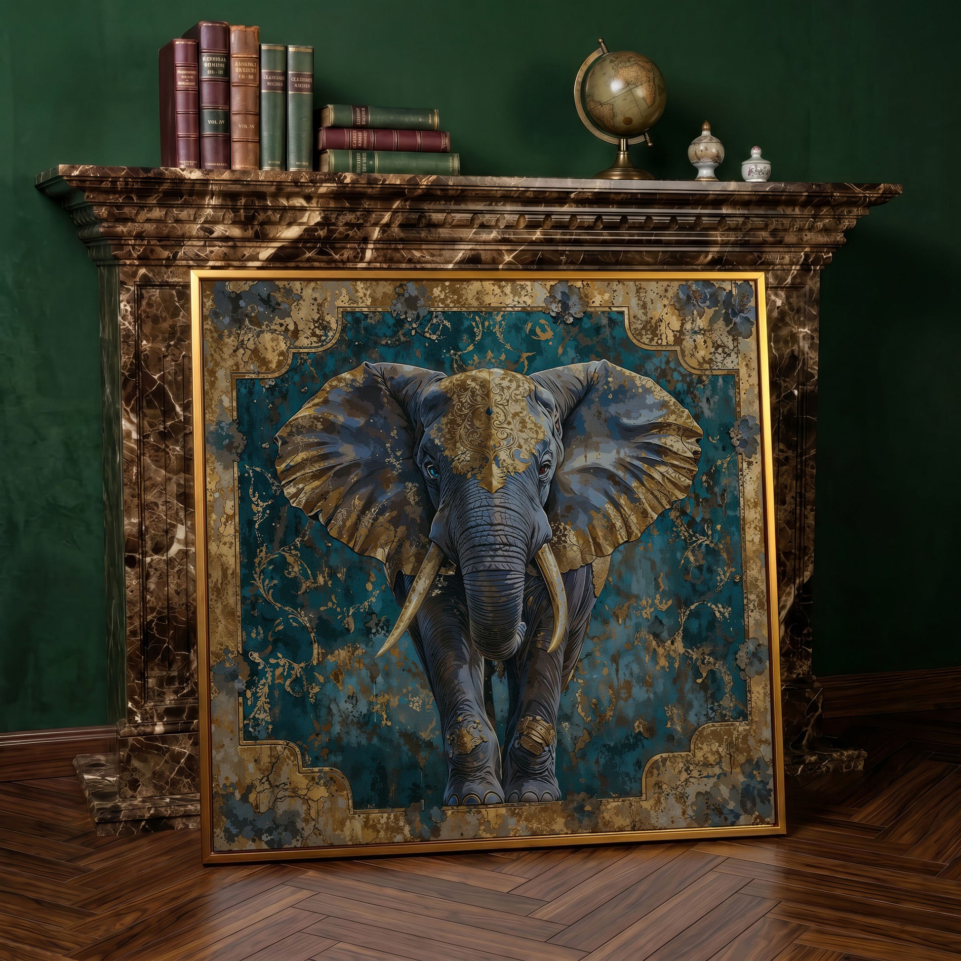 Indian Elephant with Gold Accents Canvas in antique gold floating frame