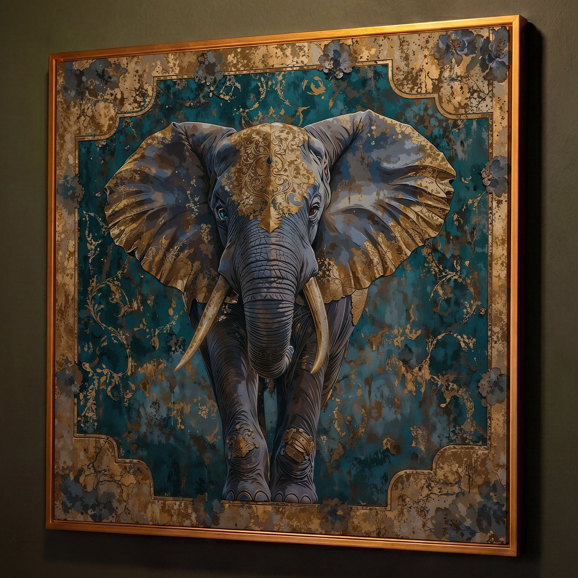 Indian Elephant with Gold Accents Canvas shown in antique gold floating frame