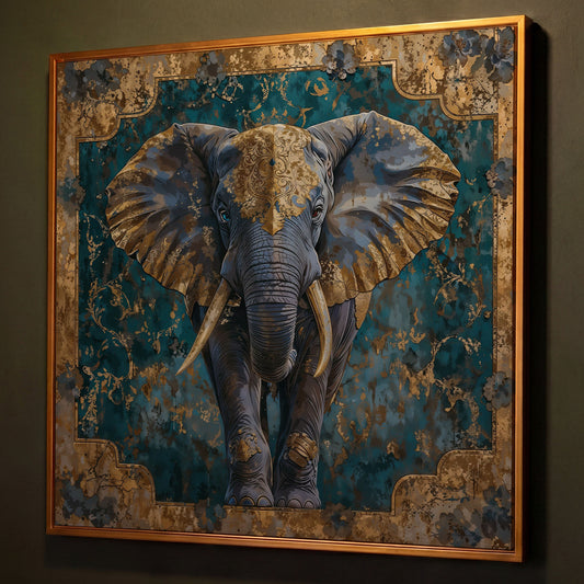 Indian Elephant with Gold Accents Canvas shown in antique gold floating frame