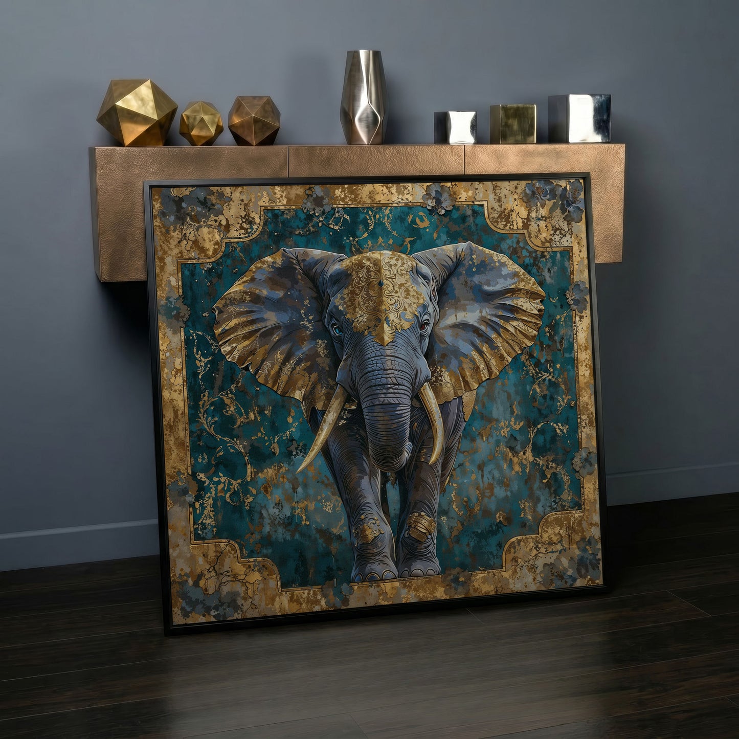 Indian Elephant with Gold Accents Canvas in black floating frame