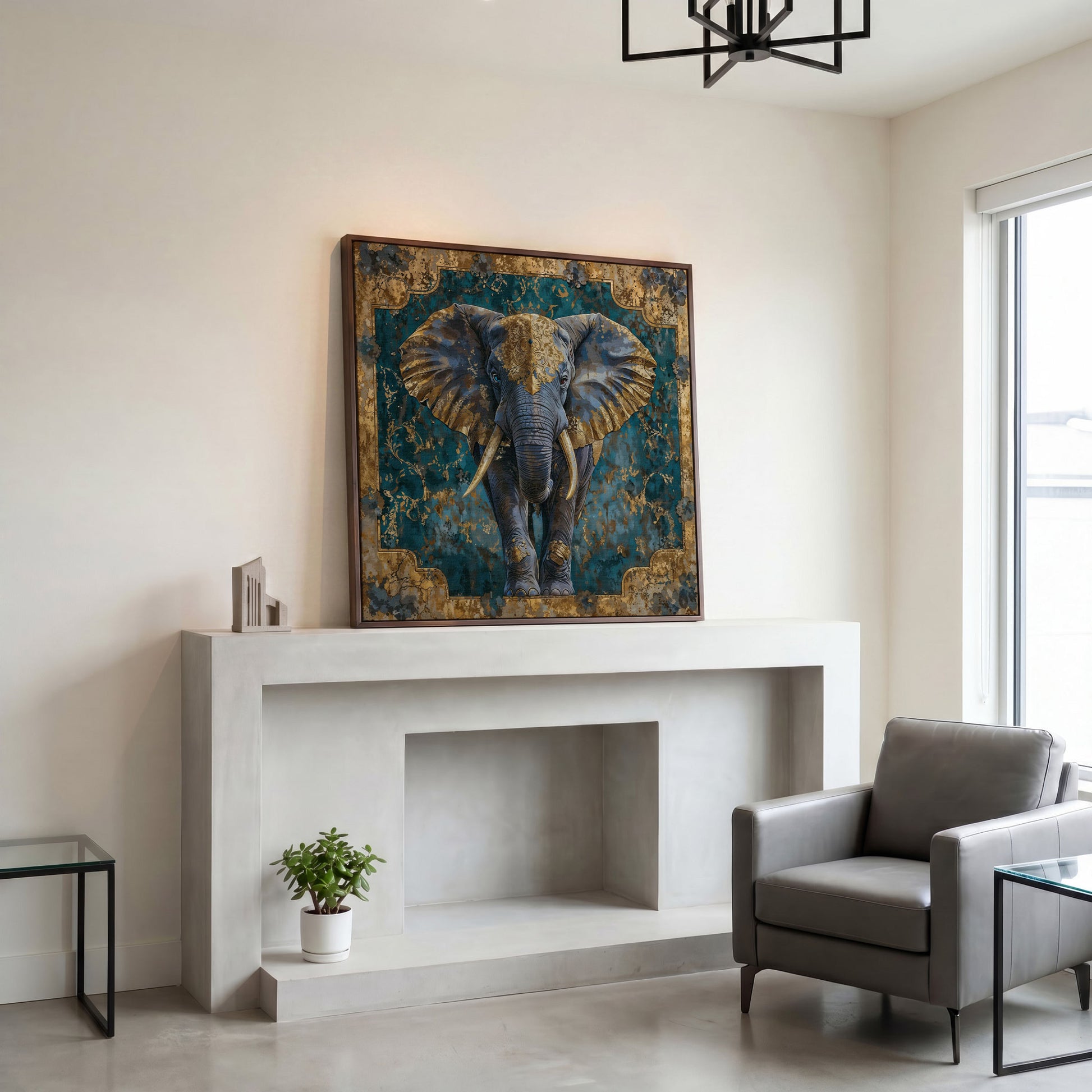 Indian Elephant with Gold Accents Canvas in dark walnut floating frame