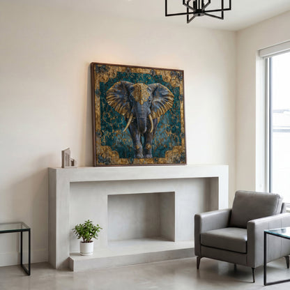 Indian Elephant with Gold Accents Canvas in dark walnut floating frame
