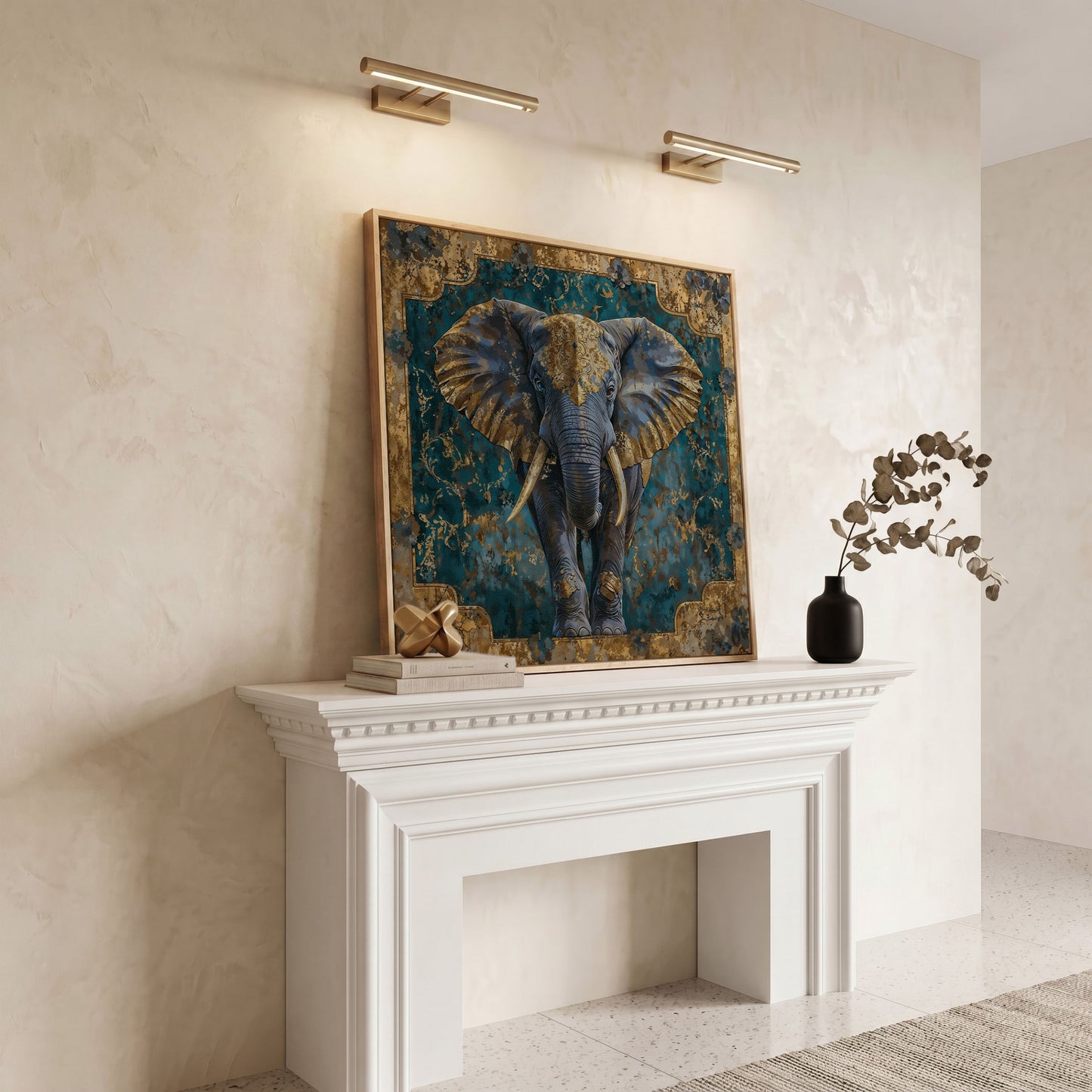 Indian Elephant with Gold Accents Canvas in white oak floating frame