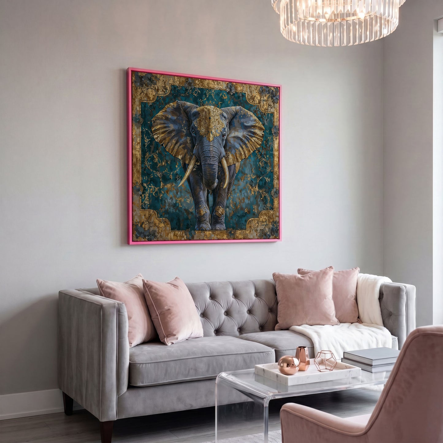 Indian Elephant with Gold Accents Canvas in pink floating frame