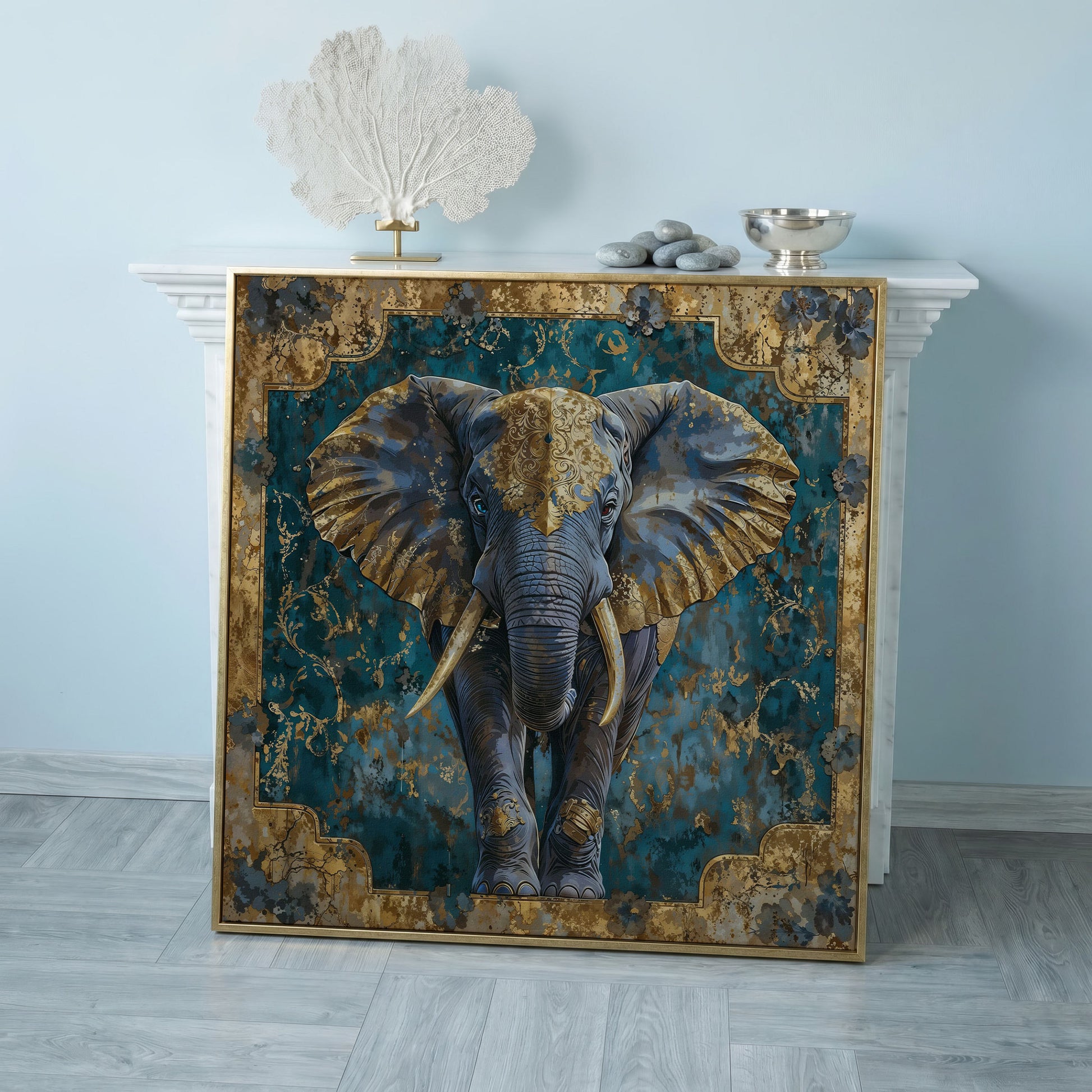 Indian Elephant with Gold Accents Canvas in rose gold floating frame
