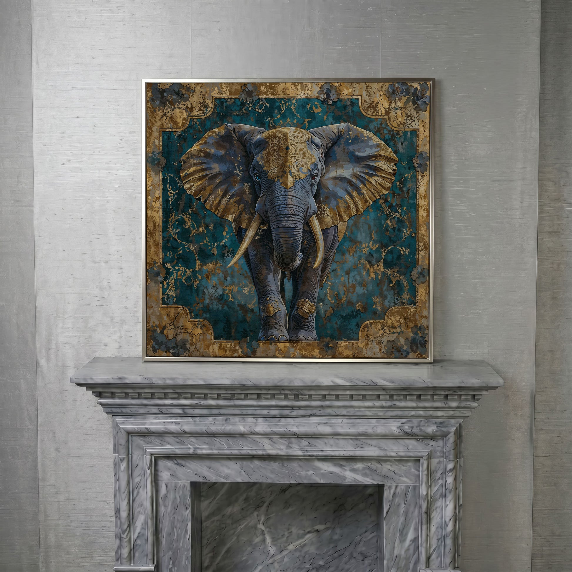 Indian Elephant with Gold Accents Canvas in silver floating frame