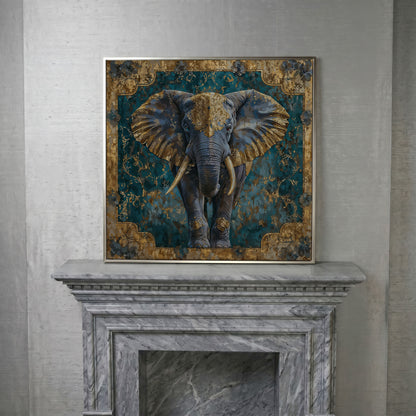 Indian Elephant with Gold Accents Canvas in silver floating frame