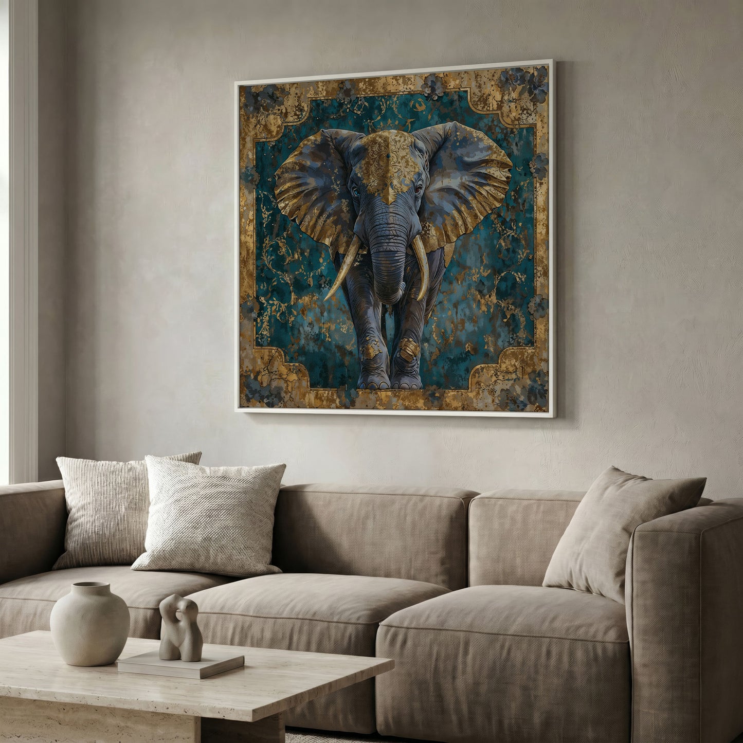 Indian Elephant with Gold Accents Canvas in white floating frame