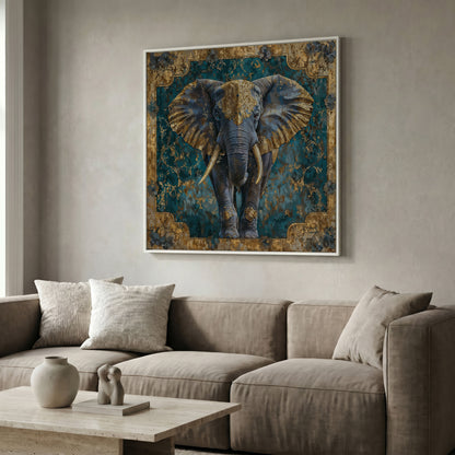 Indian Elephant with Gold Accents Canvas in white floating frame
