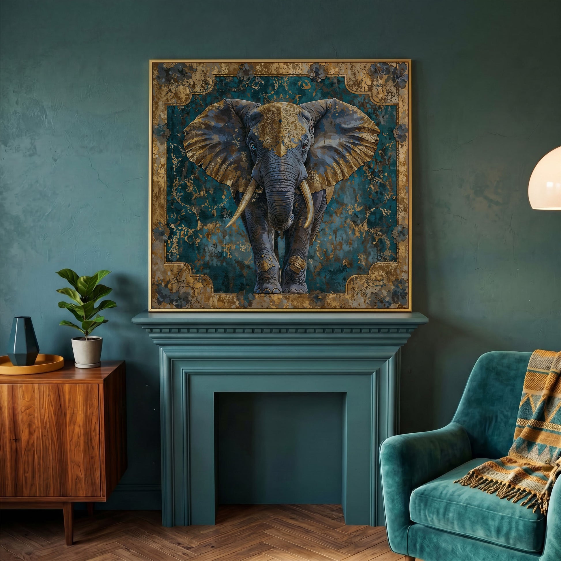 Indian Elephant with Gold Accents Canvas in yellow gold floating frame